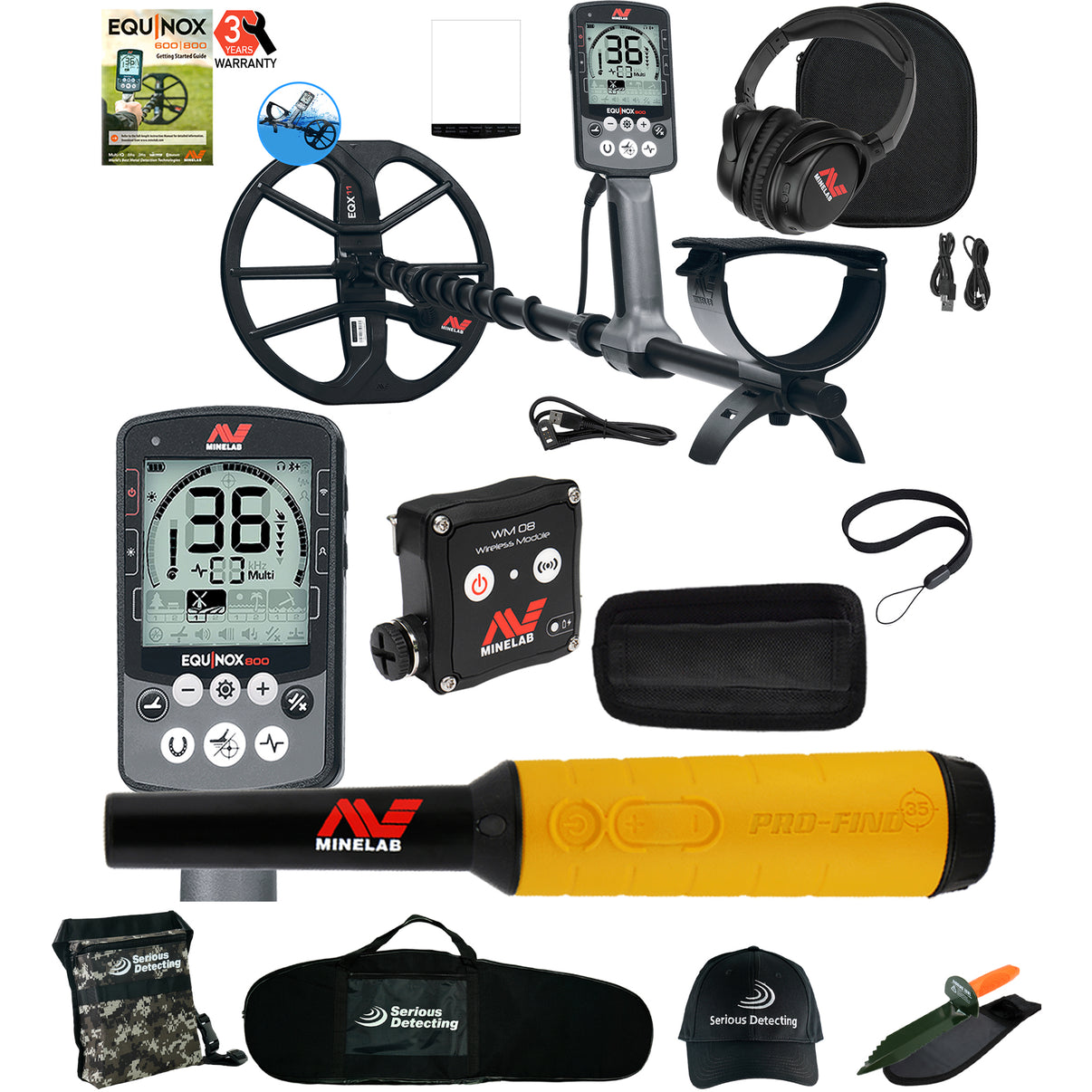 Minelab EQUINOX 800 Metal Detector w/ Pro Find 35 Pinpointer , Serious Detecting Bag, Pouch, Hat, Digger