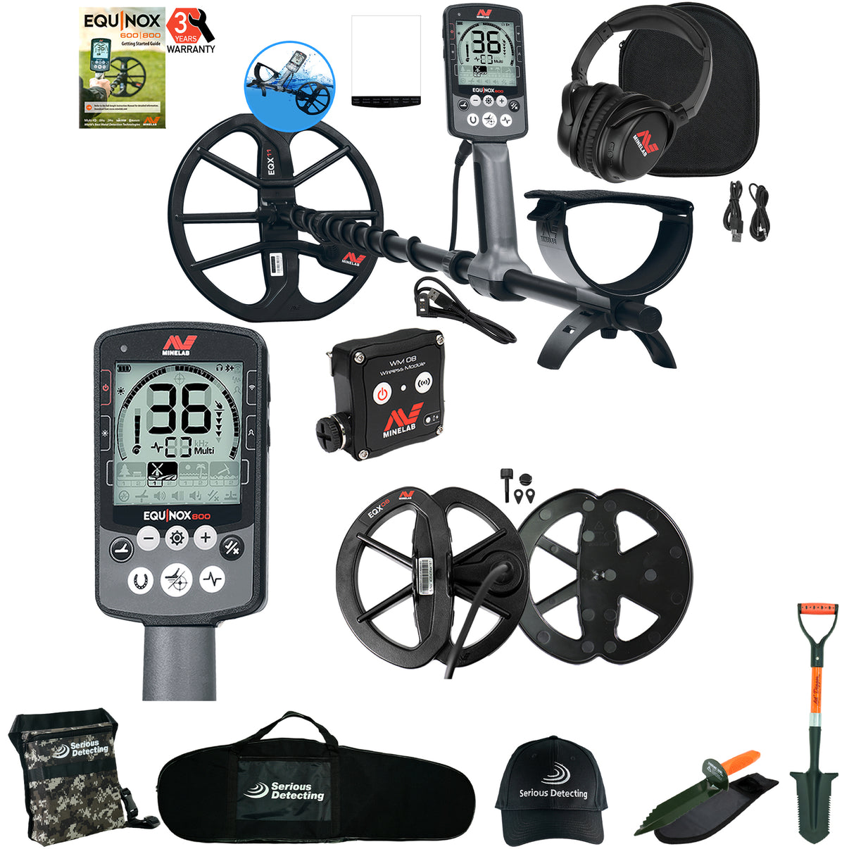 Minelab EQUINOX 800 Metal Detector with 6 inch Coil , Serious Detecting Bag, Pouch, Hat, Digger, and shovel