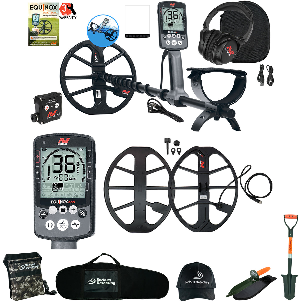 Minelab EQUINOX 800 Metal Detector w/ 17  Search Coil, Serious Detecting Bag, Pouch, Hat, Digger, and shovel