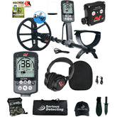 Minelab EQUINOX 800 Multi-IQ Metal Detector and Serious Detecting accessory kit with pouch, carry bag, hat, and digger