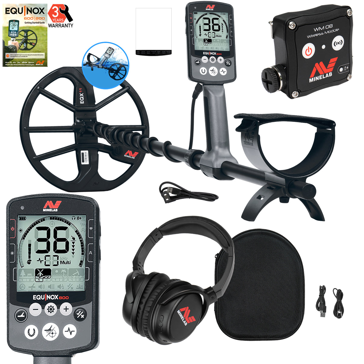 Minelab Equinox 800 with insets of the wireless module, headphones, control pod and other accessories. 