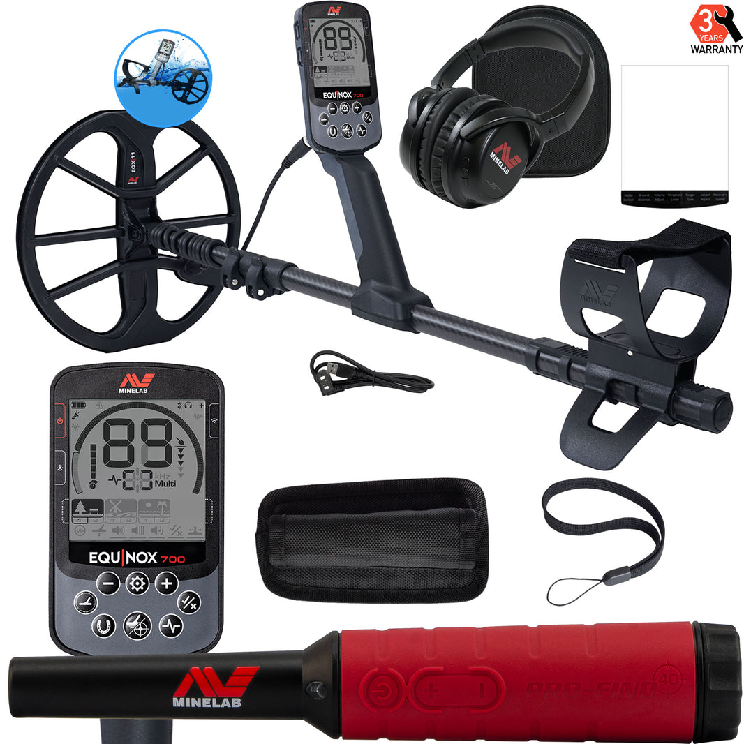 Minelab Equinox 700 metal detector with 11-inch coil and carbon fiber shaft