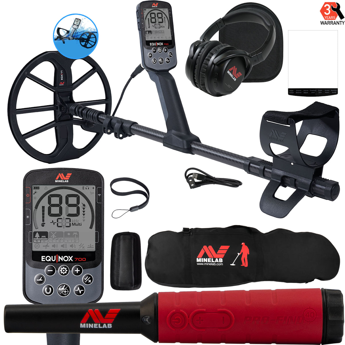 Minelab Equinox 700 bundle contents laid out showing all included accessories