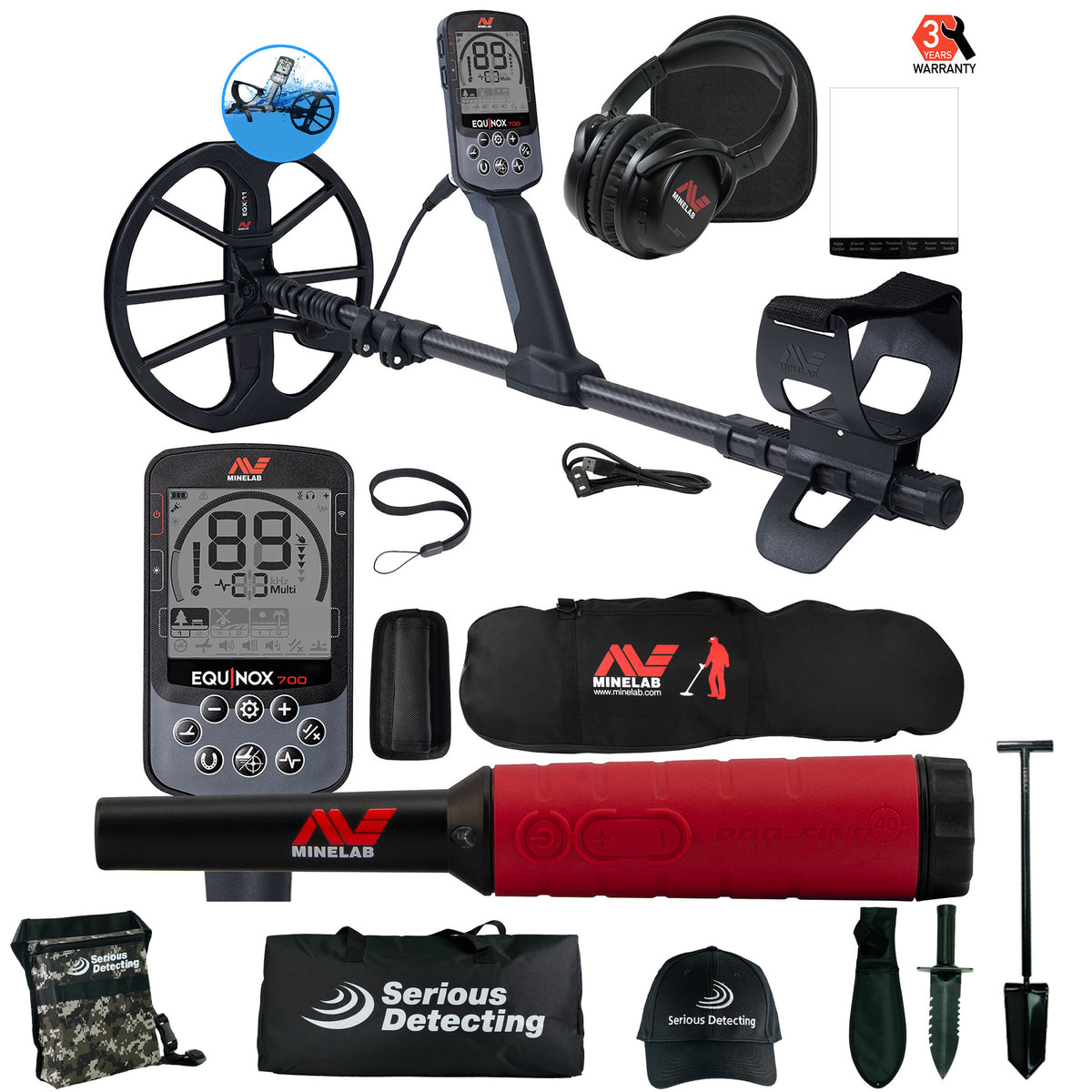 Minelab Equinox 700 Multi-IQ Metal Detector Bundle and Serious Detecting Accessory kit