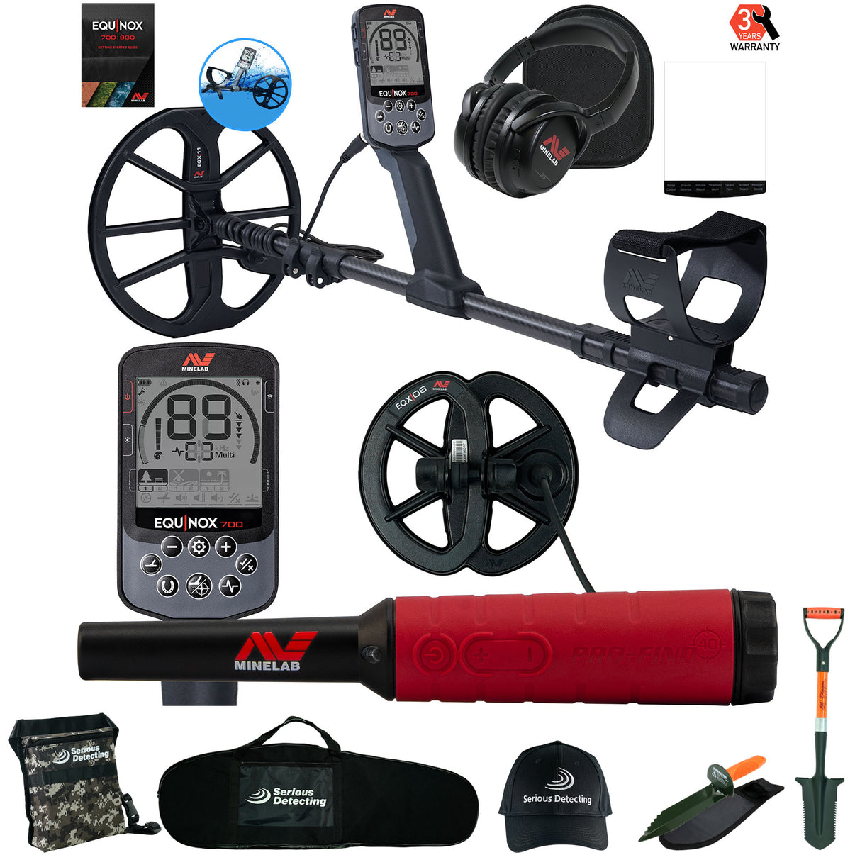 Minelab EQUINOX 700 Multi-IQ Metal Detector with 11" Coil with 6 inch coil, Pro-Find 40 Pinpointer, Serious Detecting Bag, Pouch, Hat, Lil' Digger Shovel, and Serrated Digger