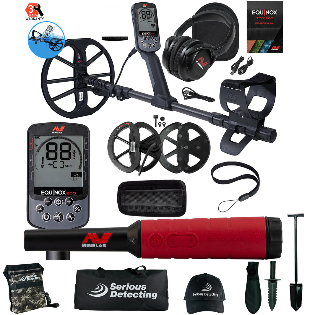 Minelab Equinox 900 Multi-IQ Metal Detector, PRO-FIND 40, and Serious Detecting Accessory kit