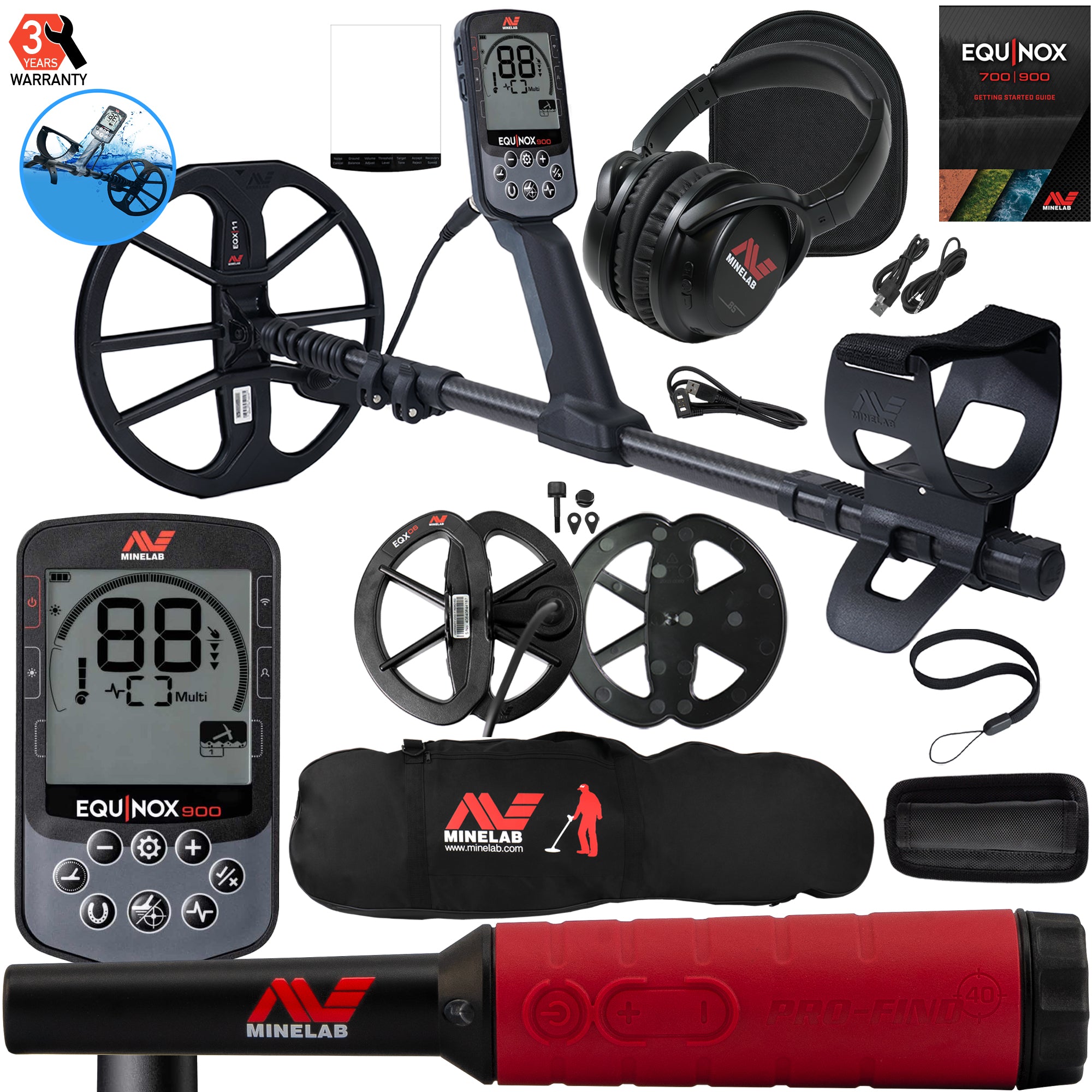 Minelab EQUINOX 900 Multi-IQ Metal Detector with 11" and 6" Coils w/ Carry Bag and FREE Pro-Find 40