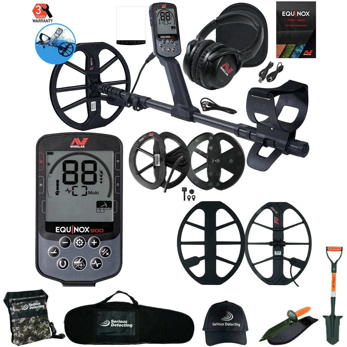 Minelab EQUINOX 900 Multi-IQ Metal Detector with 11", 6" coil, 15 Coil, Serious Detecting Bag, Pouch, Hat, Digger, and shovel