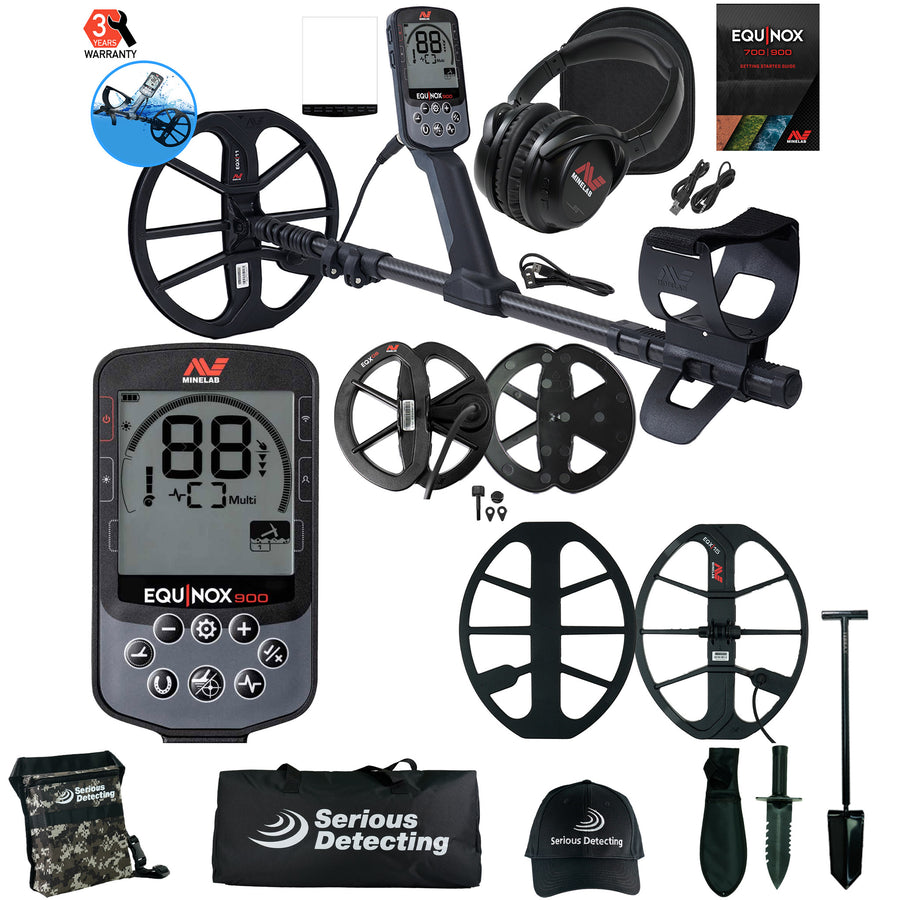 Minelab EQUINOX 900 Multi-IQ Metal Detector Coil Bundle and Serious Detecting Kit