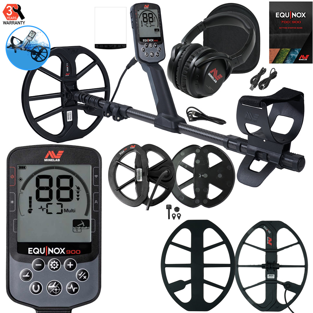 Minelab EQUINOX 900 metal detector components laid out showing control box, shaft and multiple search coils