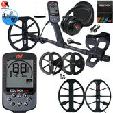 Minelab EQUINOX 900 metal detector components laid out showing control box, shaft and multiple search coils