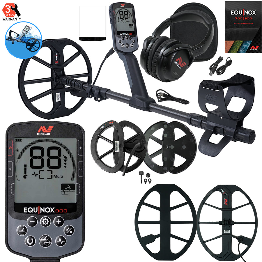 Minelab EQUINOX 900 metal detector components laid out showing control box, shaft and multiple search coils