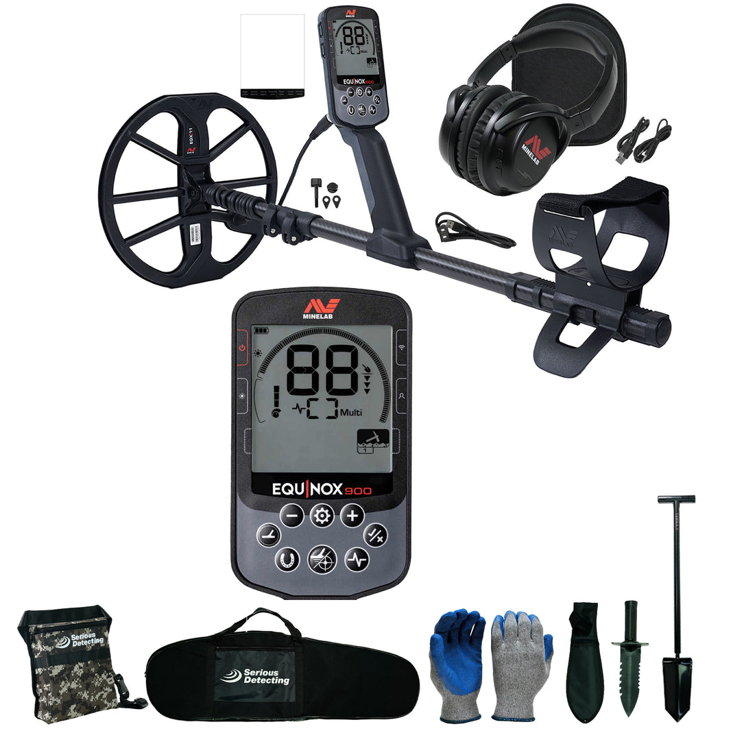 black and gray Equinox 900 metal detector with accessories on white background