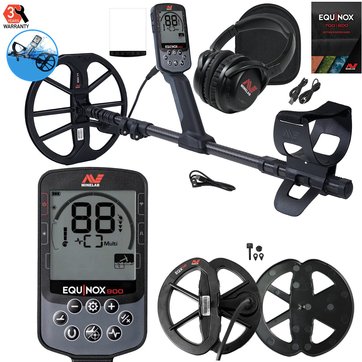Minelab Equinox 900 factory kit: detector, control pod close-up, 11 in and 6 in DD coils, ML 85 wireless headphones, cables and guide