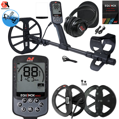 Minelab Equinox 900 factory kit: detector, control pod close-up, 11 in and 6 in DD coils, ML 85 wireless headphones, cables and guide