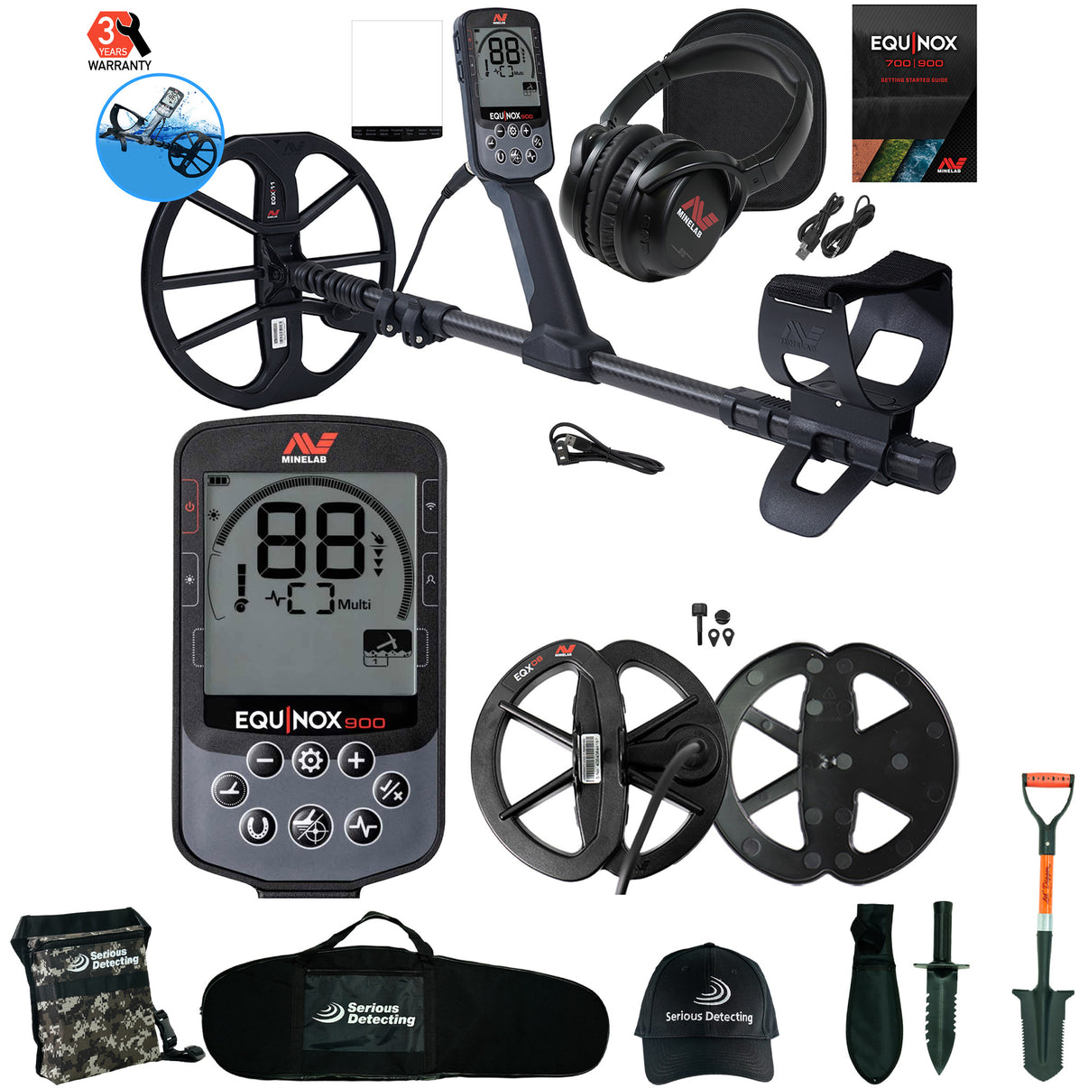 Minelab EQUINOX 900 Multi-IQ Metal Detector with 11" and 6" Coils and Serious Detecting accessory kit with pouch, carry bag, hat, digger, and shovel
