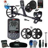 Equinox Nox 900 metal detector kit with a black control unit, dual coils, headphones, gloves, shovel, and carrying bag on a white background.