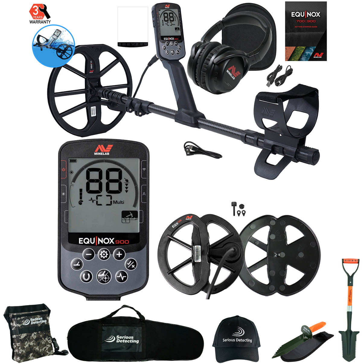 Minelab EQUINOX 900 Multi-IQ Metal Detector with 11" and 6" Coils, Serious Detecting Bag, Pouch, Hat, Digger, and shovel
