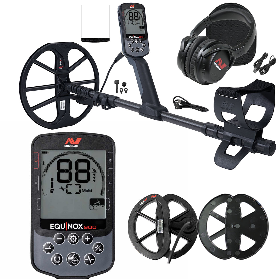 Minelab Equinox 900 factory kit: detector, control pod close-up, 11 in and 6 in DD coils, ML 85 wireless headphones, cables and guide