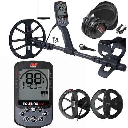 Minelab Equinox 900 factory kit: detector, control pod close-up, 11 in and 6 in DD coils, ML 85 wireless headphones, cables and guide