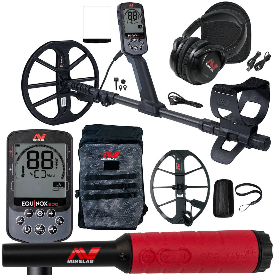 Minelab Equinox 900 multi-frequency metal detector with dual coils, wireless headphones, and waterproof control pod