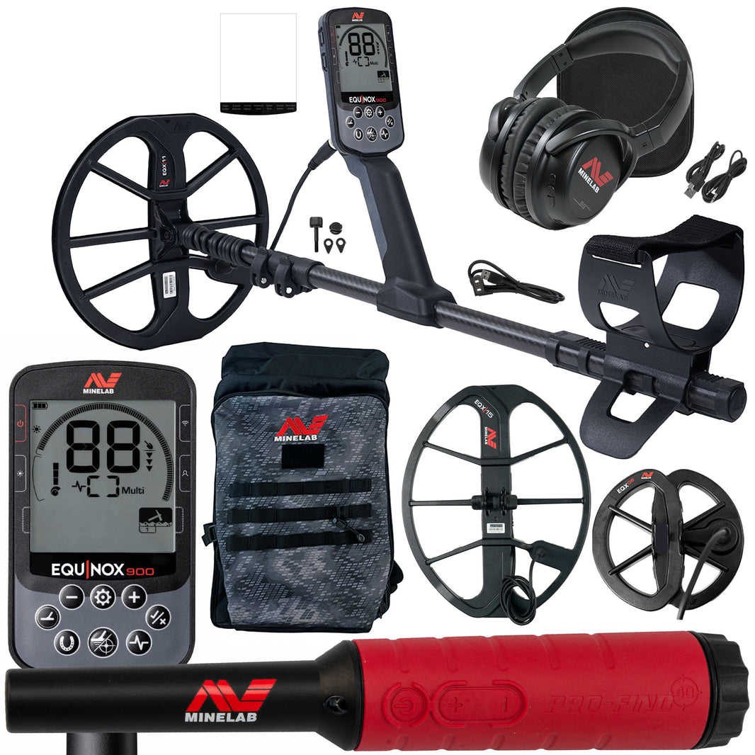 Minelab Equinox 900 metal detector kit with a black control handle, digital display, black coil, over-ear headphones, carrying bag, two coilS, and a red-and-black pinpointer, arranged on a white background.