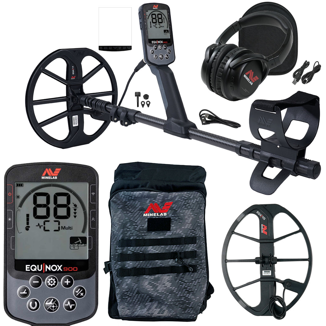 Minelab Equinox 900 bundle: detector with 11 in coil, ML 85 headphones, control pod, EQX 15 coil and Minelab camo backpack