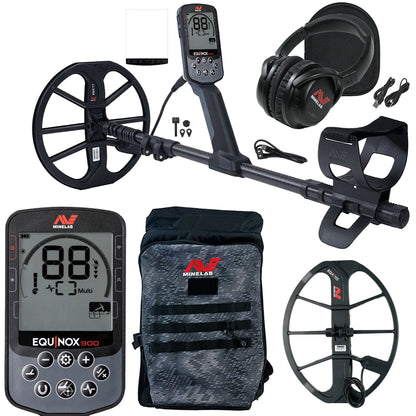 Minelab Equinox 900 bundle: detector with 11 in coil, ML 85 headphones, control pod, EQX 15 coil and Minelab camo backpack
