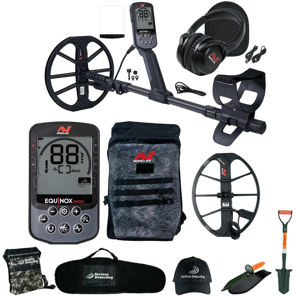 Minelab EQUINOX 900 Multi-IQ Metal Detector with EQX 15 Coil, Backpack, and Serious Detecting accessory kit - digger, shovel, pouch, bag, and hat