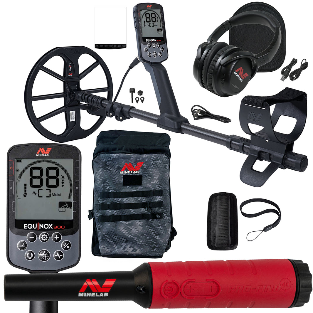 Minelab EQUINOX 900 Multi-IQ Metal Detector with PRO-FIND 40 Pinpointer, Backpack, and accessories