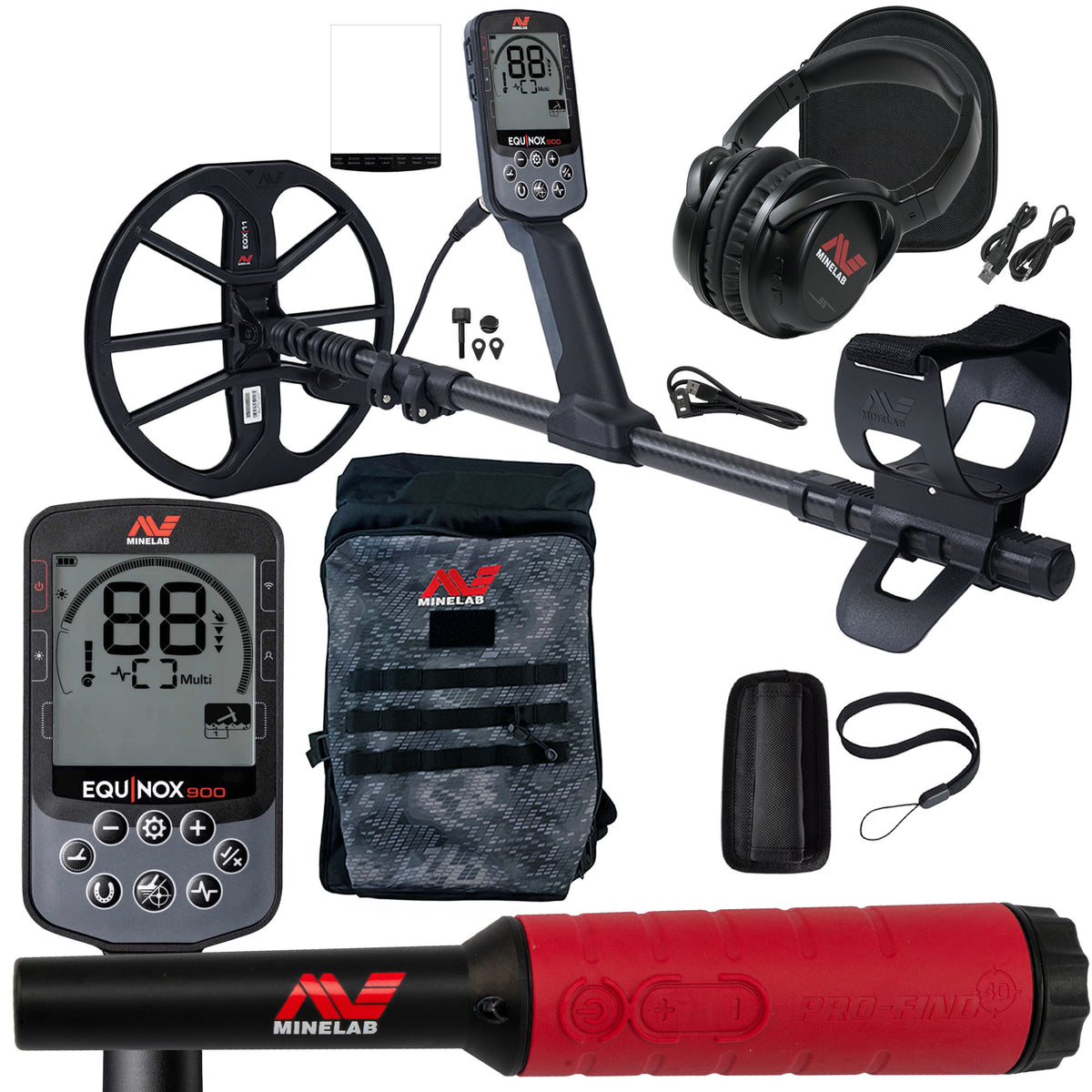 Minelab EQUINOX 900 Multi-IQ Metal Detector with PRO-FIND 40 Pinpointer, Backpack, and accessories