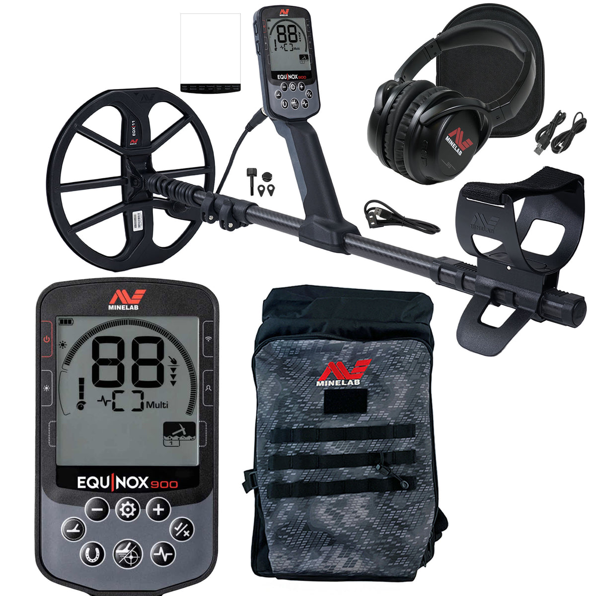 Minelab Equinox 900 Multi-IQ metal detector with control box, carbon-fiber shaft, and 11-inch search coil on white background