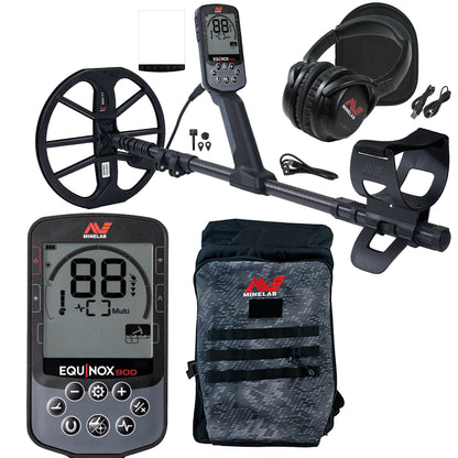 Minelab Equinox 900 Multi-IQ metal detector with control box, carbon-fiber shaft, and 11-inch search coil on white background