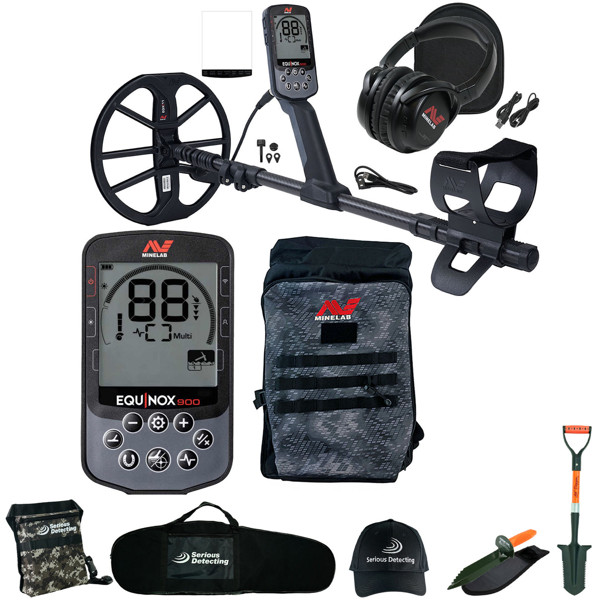Minelab EQUINOX 900 Multi-IQ Metal Detector with Backpack and Serious Detecting accessory kit - digger, shovel, pouch, bag, and hat