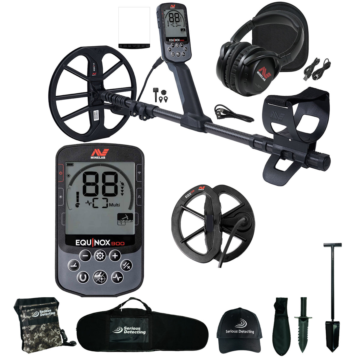 Equinox 900 metal detector kit with a black coil, digital display controller, headphones, carrying case, shovel, and accessories on a white background.