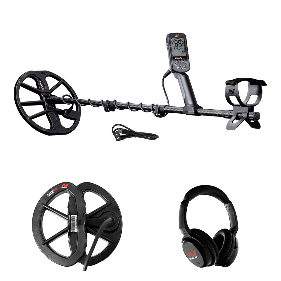 Minelab Equinox 900 assembled with 11 in coil, plus 6 in coil, ML 85 headphones and charging cable