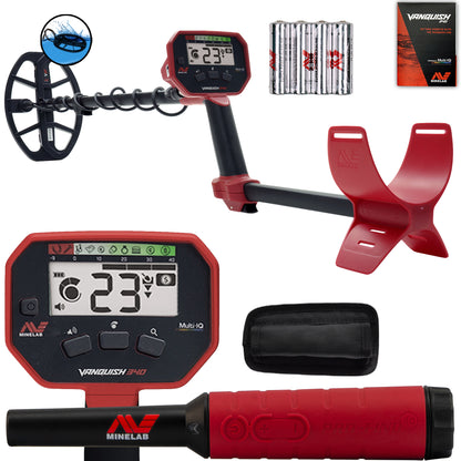Minelab VANQUISH 340 metal detector with Pro-Find 40 pinpointer bundle contents displayed