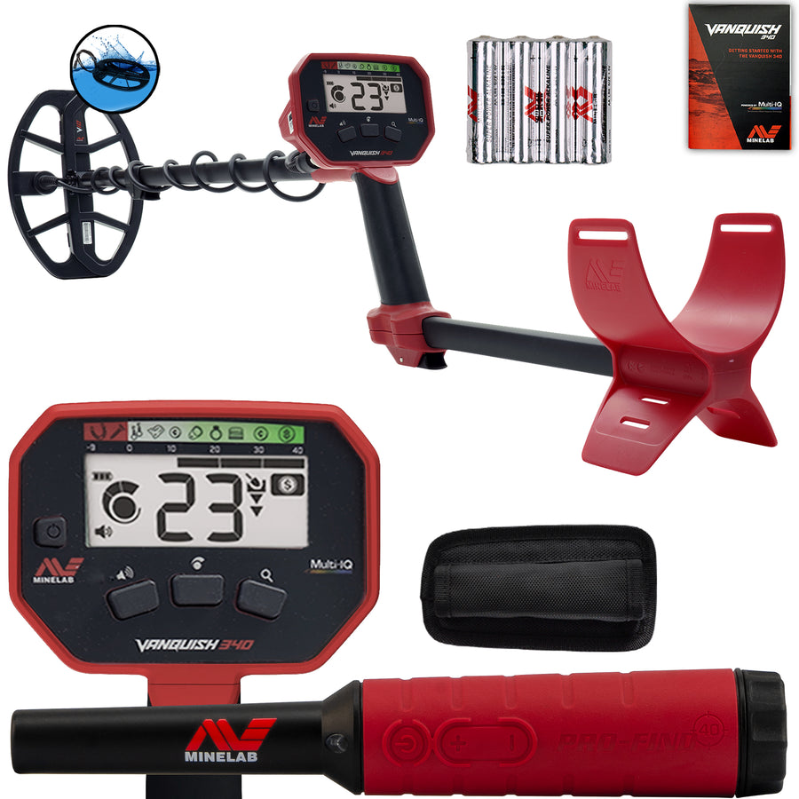 Minelab VANQUISH 340 metal detector with Pro-Find 40 pinpointer bundle contents displayed