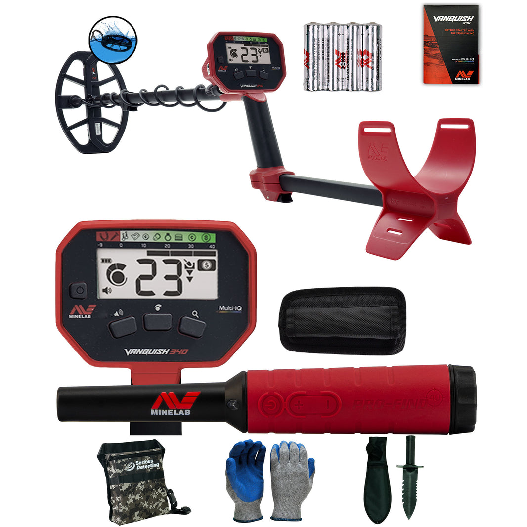 Minelab VANQUISH 340 Metal Detector with Pro-Find 40 and Serious Detecting accessory kit with pouch, gloves, and digging knife
