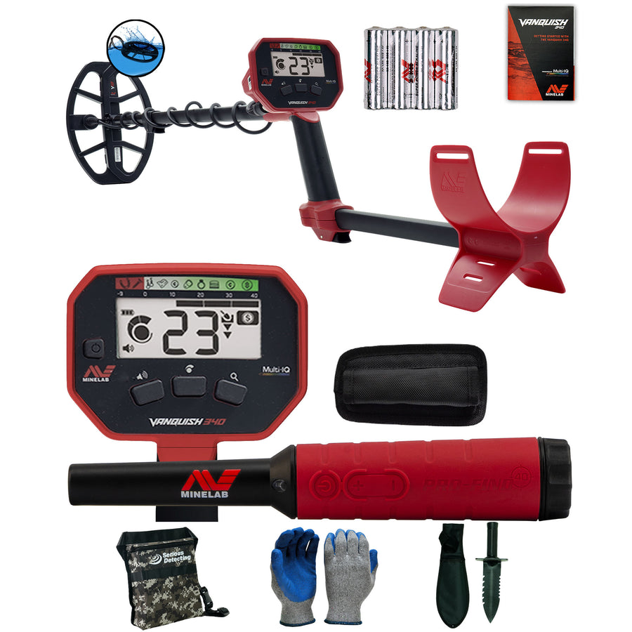 Minelab VANQUISH 340 Metal Detector with Pro-Find 40 and Serious Detecting accessory kit with pouch, gloves, and digging knife
