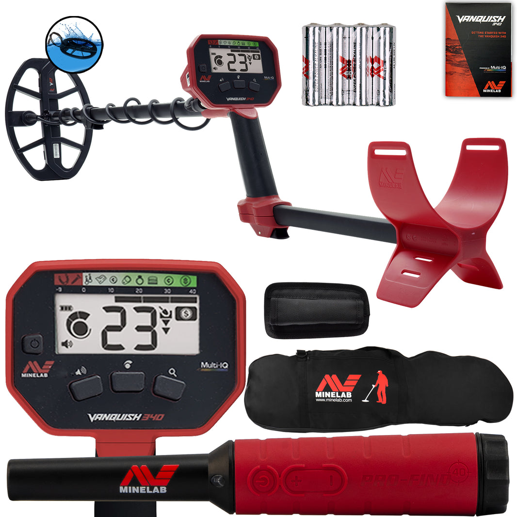 Minelab VANQUISH 340 bundle contents showing detector, Pro-Find 40, bag and accessories