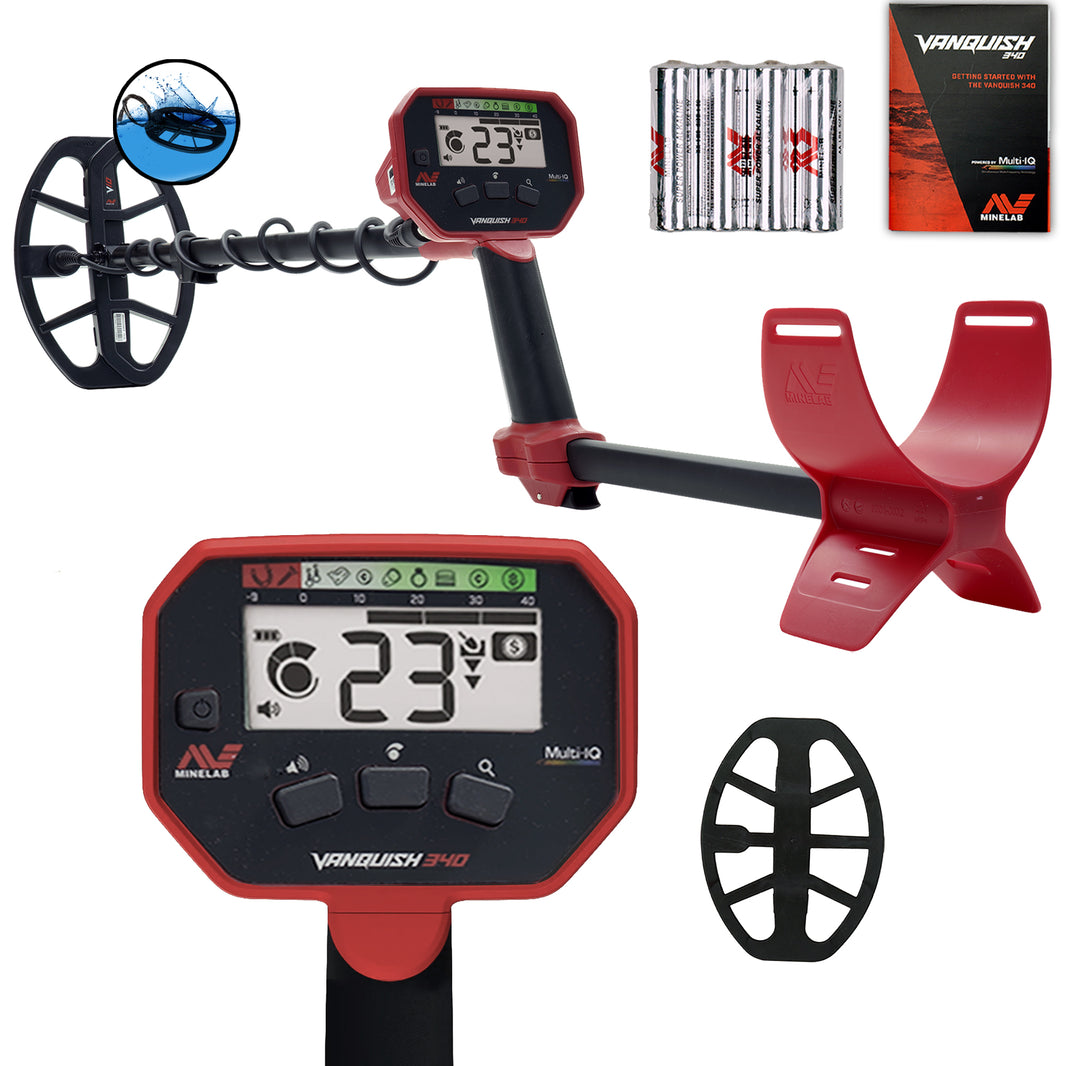 Minelab Vanquish 340 metal detector with 10-inch coil and collapsible shaft.