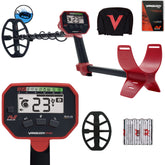Minelab Vanquish 340 Multi-IQ Metal Detector with a red and black handle, digital display screen, black coil,  black rain cover, and batteries on a white background