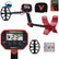 Minelab Vanquish 340 Multi-IQ Metal Detector with a red and black handle, digital display screen, black coil,  black rain cover, and batteries on a white background