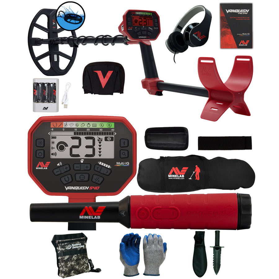 Minelab VANQUISH 540 Metal Detector with Pro-Find 40, Carry Bag, and Serious Detecting accessory kit with pouch, gloves, and digging knife
