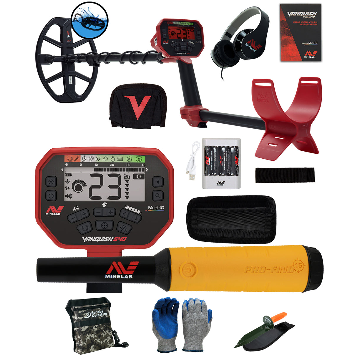 Minelab Vanquish 540 with PRO-FIND 15, Serious Detecting Pouch, digger, and gloves
