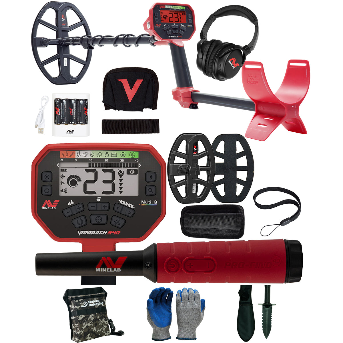Vanquish 540 Pro Minelab metal detector kit with a red and black handheld detector, dual coils with covers, a headset, a red armrest, a battery charger, batteries, a strap, gloves, shovel, and accessories, arranged on a white background.