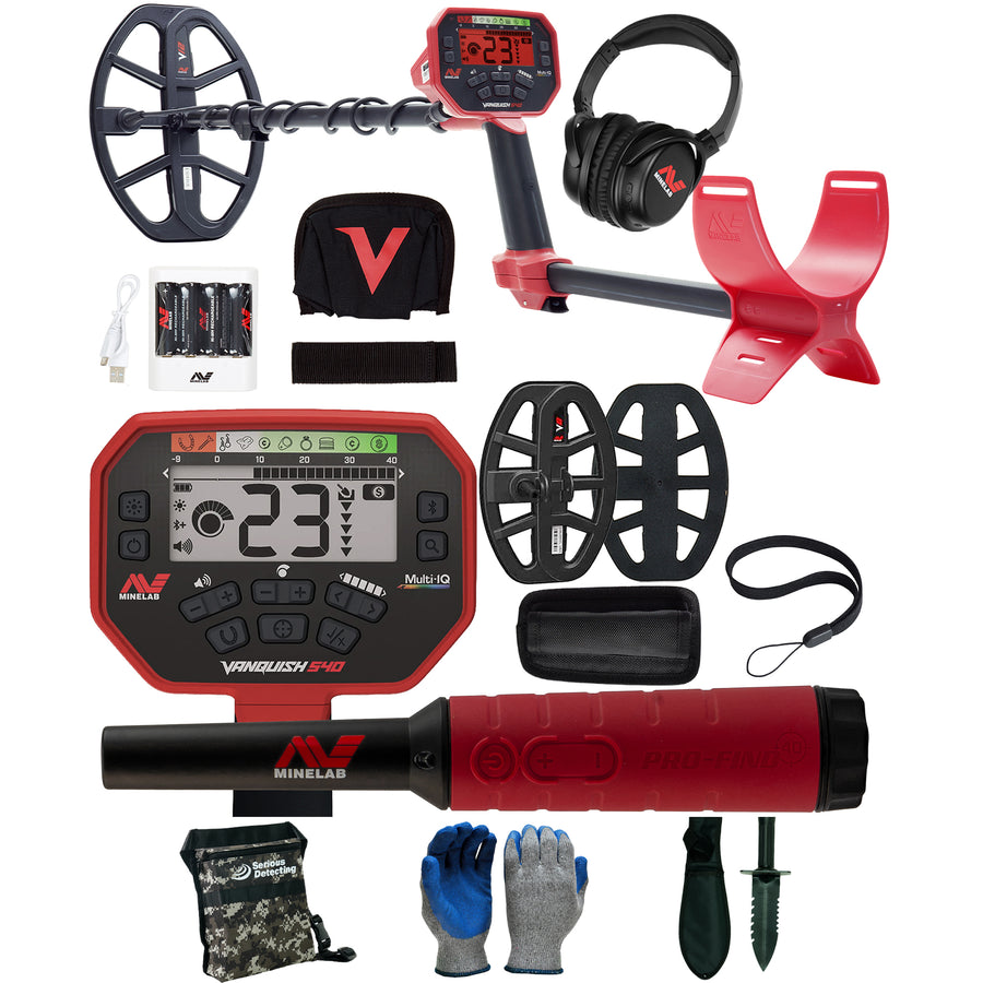 Vanquish 540 Pro Minelab metal detector kit with a red and black handheld detector, dual coils with covers, a headset, a red armrest, a battery charger, batteries, a strap, gloves, shovel, and accessories, arranged on a white background.