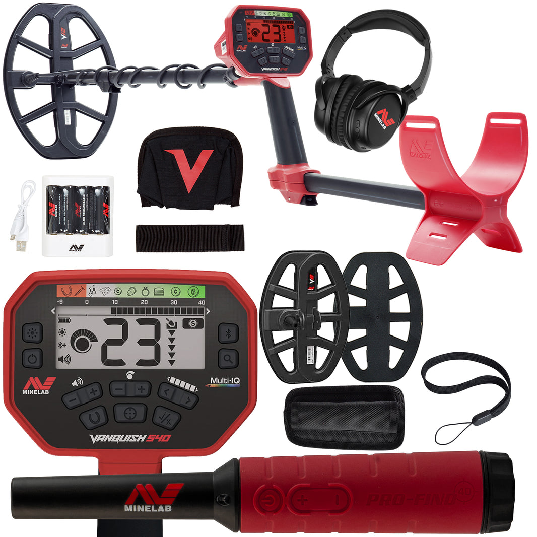Vanquish 540 Pro Minelab metal detector kit with a red and black handheld detector, dual coils with covers, a headset, a red armrest, a battery charger, batteries, a strap, and accessories on a white background.