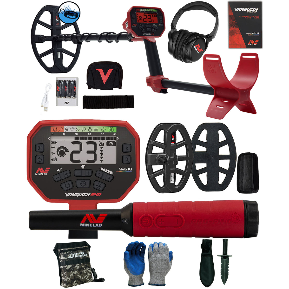 Minelab VANQUISH 540 Pro Pack Metal Detector with  Pro-Find 40 Pinpointer and Serious Detecting accessory kit with pouch, gloves, and digging knife
